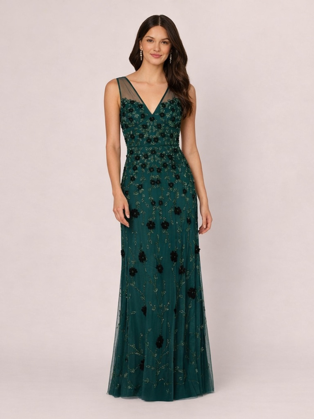 Adrianna Papell Deep Teal Embellished V-Neck Maxi Dress